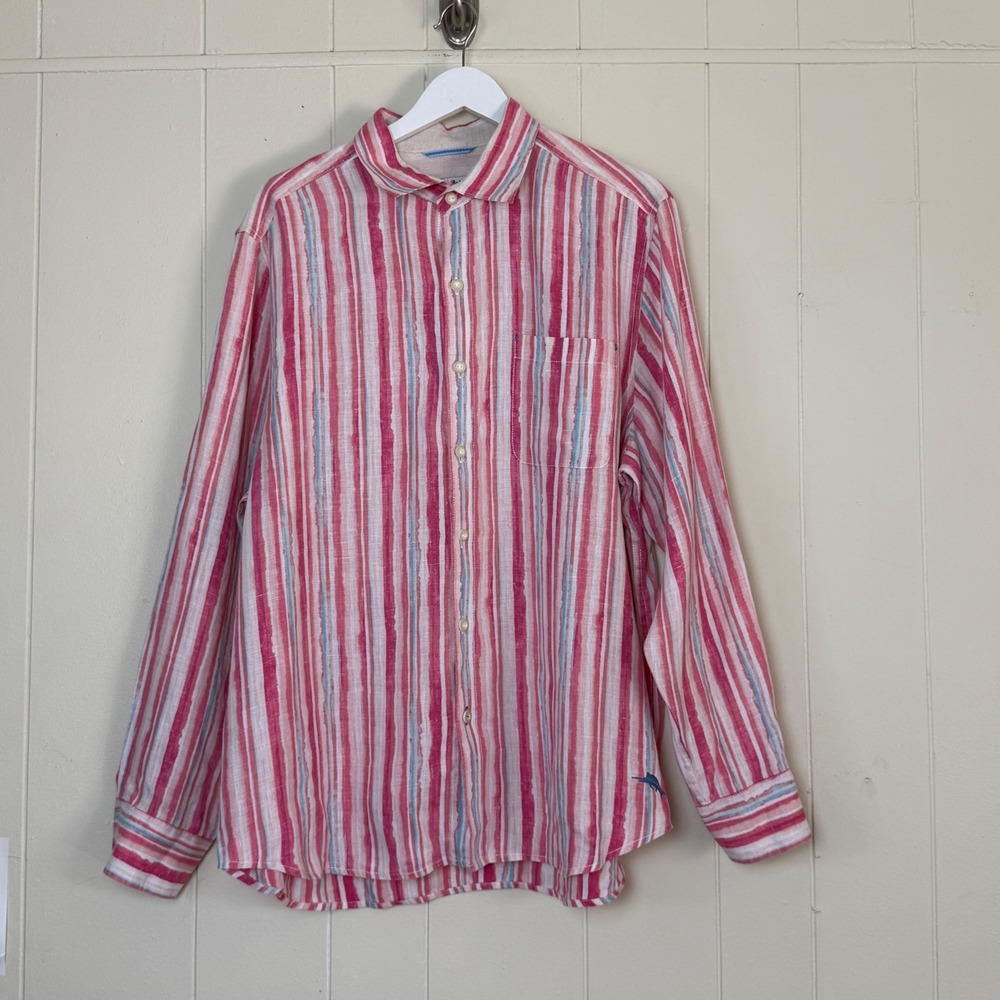 Tommy Bahama Mens Striped Linen Long‎ Sleeve Button Down Shirt Size L Coastal